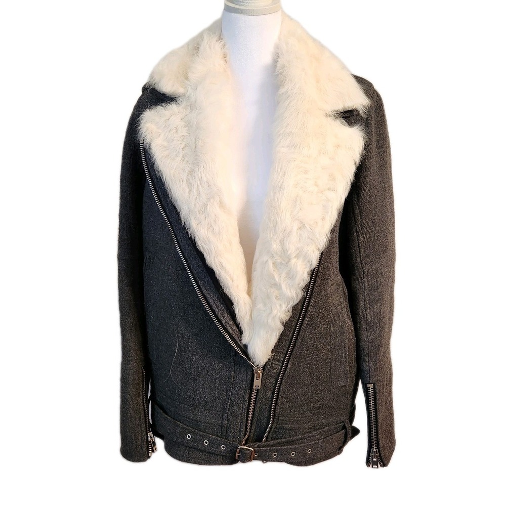 IRO Size 36 Gray Wool Belted Zip-Up Bomber Moto Jacket Coat Faux Fur Abstract